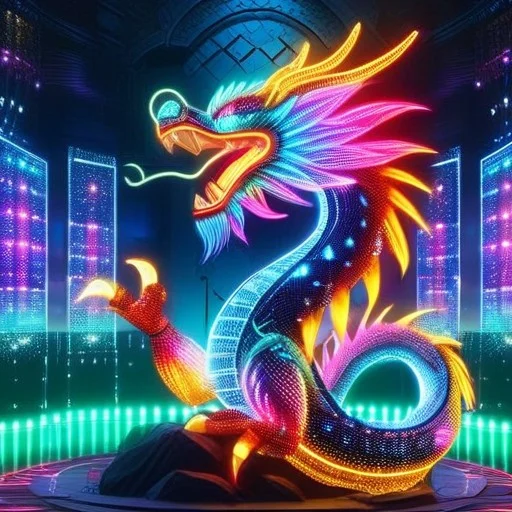 Masterpiece, Best Quality, Neon Robotic Dragon, Crystalline...