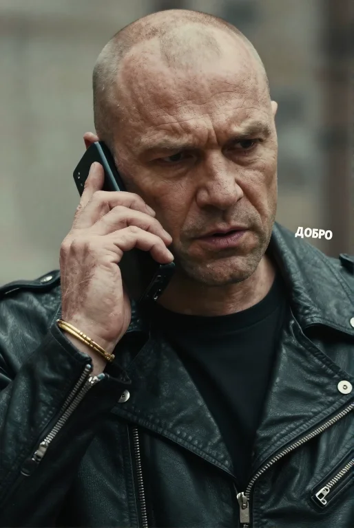 Heavy Film Grain, A Tough, Stern-looking Bald Man In A Black...