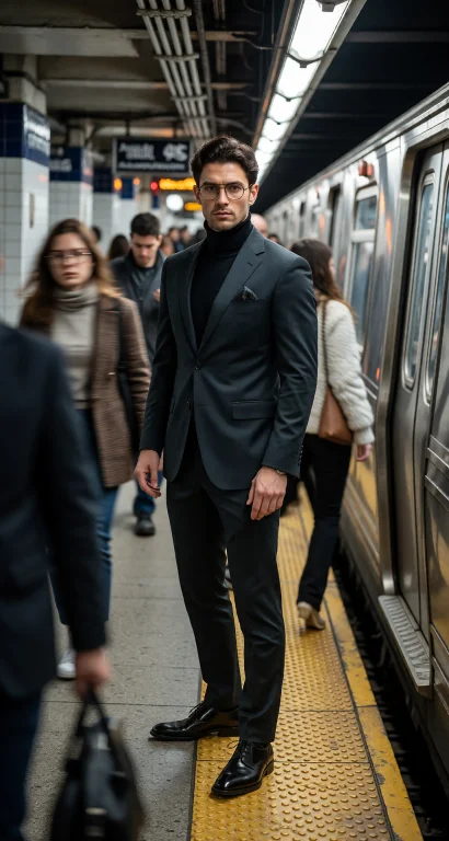 Cinematic Portrait Of A Stylish Man Standing On A Busy Subwa...