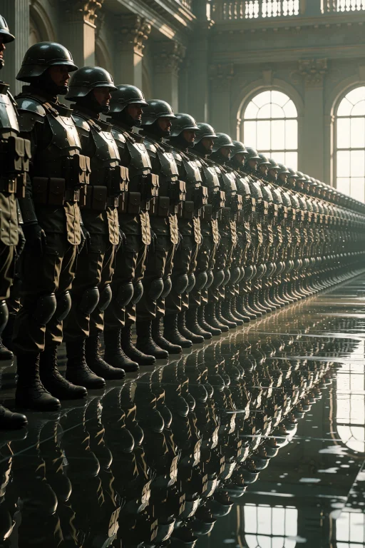 A Line Of Armored Soldiers Stands In A Vast Hall, Their Form...