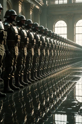 A Line Of Armored Soldiers Stands In A Vast Hall, Their Form... — Stable Diffusion AI Prompt: A line of armored soldiers stands in a vast hall, their forms repeating endlessl...