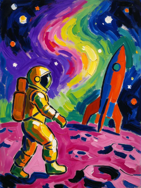 Fauvist Painting Of A Space Exploration Scene, Thick Slashin...