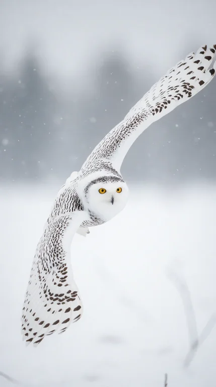 A Snowy Owl Glides Toward The Viewer Through A Pale, Misty W...