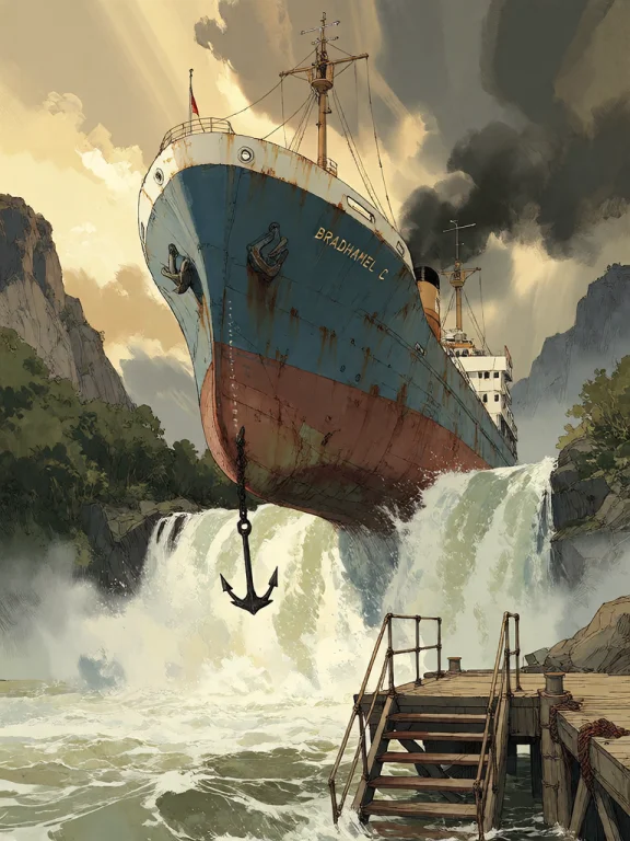 Bradhamel Art Style. A Massive, Weathered Cargo Ship Named B...