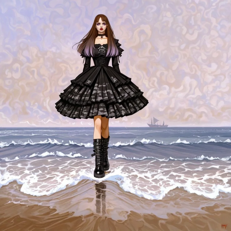 A Woman With Long Brown Hair With Purple Tips, Red Lips, Wea...