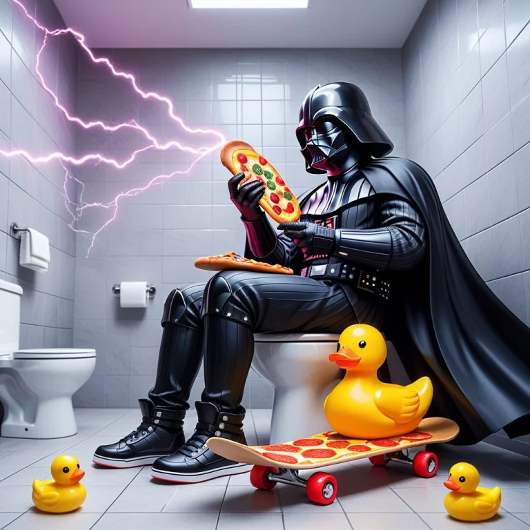 Darth Vader Sitting On A Toilet Eating A Slice Of Pizza, Yel...