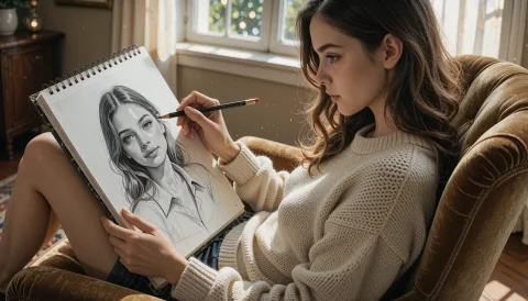 Artspiral. A Medium Shot Frames A Young Woman With Fair Skin... — Stable Diffusion AI Prompt: artspiral. A medium shot frames a young woman with fair skin and long, wavy brow...