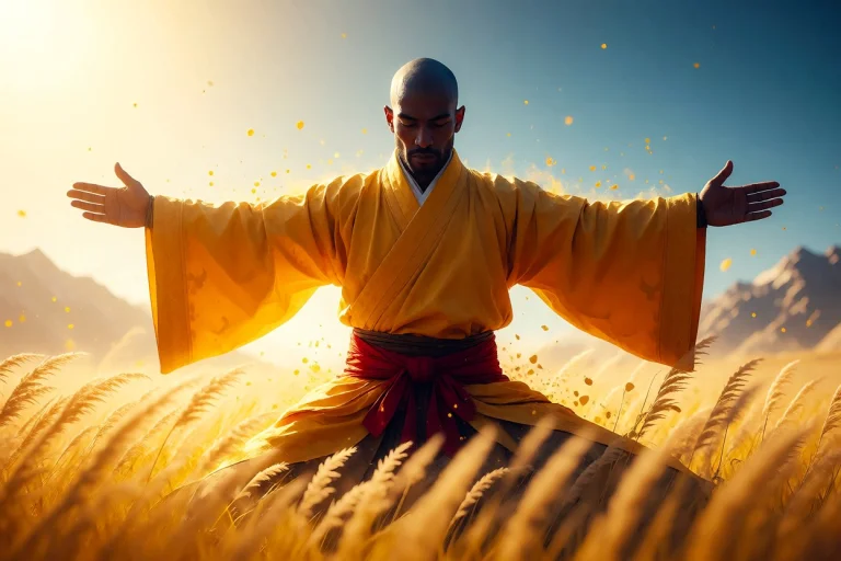 The Image Shows A Man In A Yellow Robe Standing In A Field O...