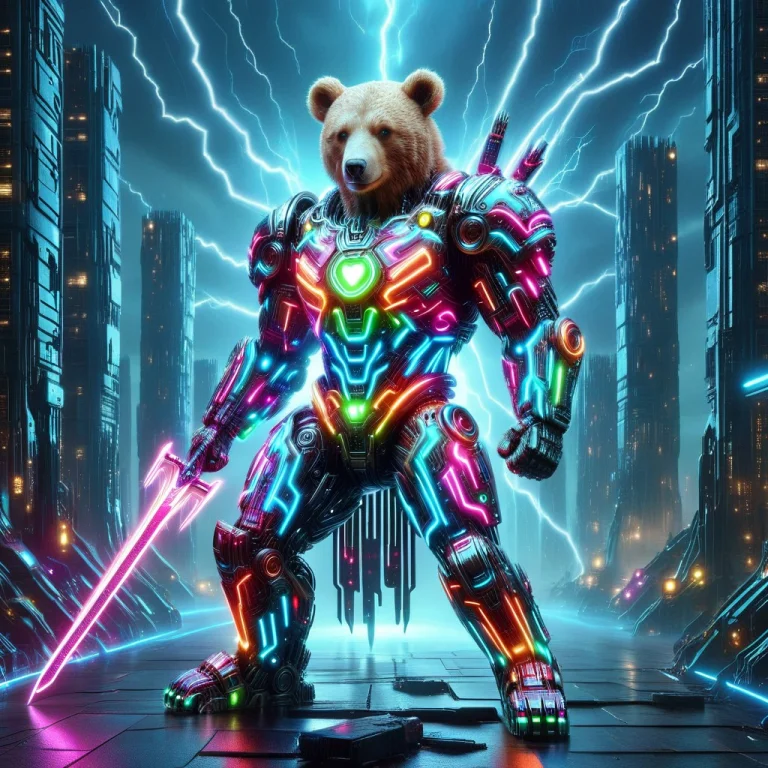 Led, Colorful Led Lights A Cyberrealistic Cyborg Bear Wieldi...