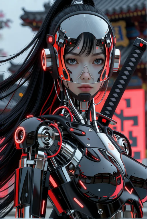 In The Style Of Ck-sfc,female Cyberpunk Robot Samurai,robot...