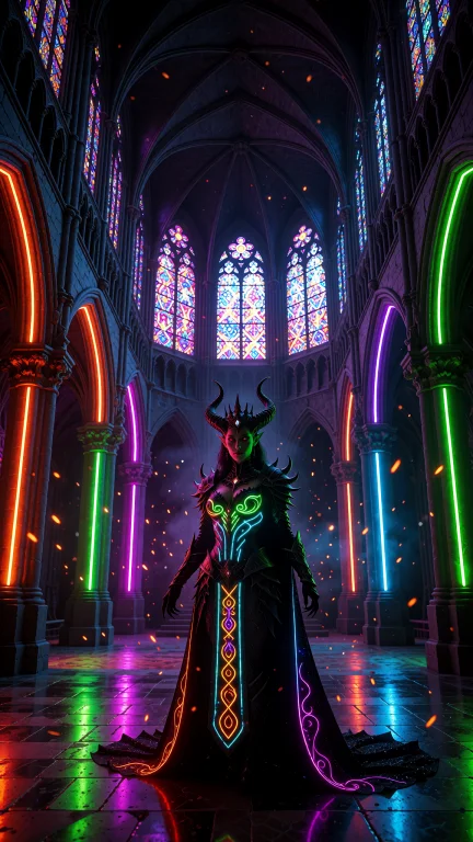 A Dark Fantasy Demon Queen Standing Inside A Vast Gothic Cat...
