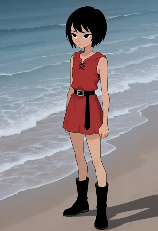 Ashi, Black Short Hair, Shore, Beach, Red Sleeveless Tunic,...