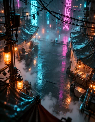 Cyb3r Qu4rt13r, Covered Night Market Viewed Diagonally Throu... — Stable Diffusion AI Prompt: cyb3r qu4rt13r, covered night market viewed diagonally through hanging goods and...