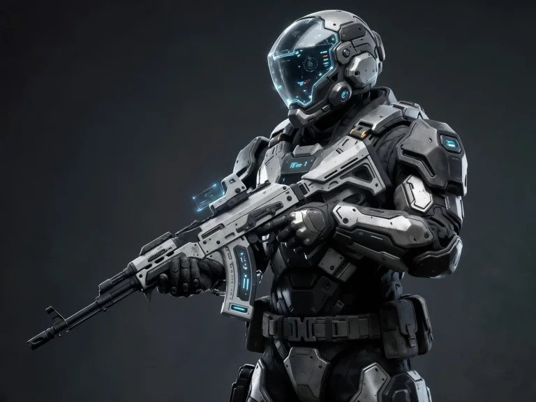 Futuristic Soldier In Silver Armor Holding Rifle Dark Backgr...