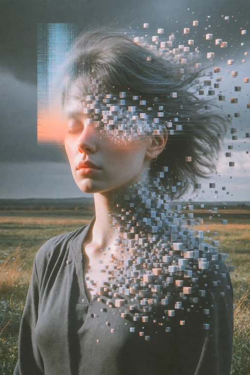 A Woman Portrait In An Open Field Under A Dramatic, Overcast...
