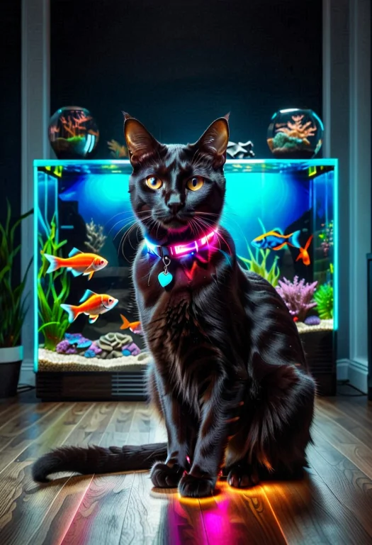 Masterpiece, A Sleek Black Cat Wearing A Glowing Led Collar,...
