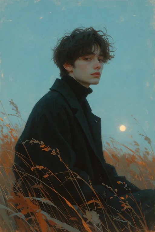 Create A Melancholic Portrait Of A Young Man With Dark, Tous...