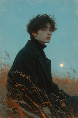 Create A Melancholic Portrait Of A Young Man With Dark, Tous... — Stable Diffusion AI Prompt: Create a melancholic portrait of a young man with dark, tousled hair, framed aga...