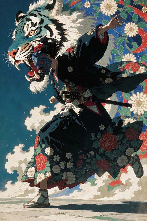 Girl In Kimono In Dynamic Action Pose. Layered Intricate Dec...