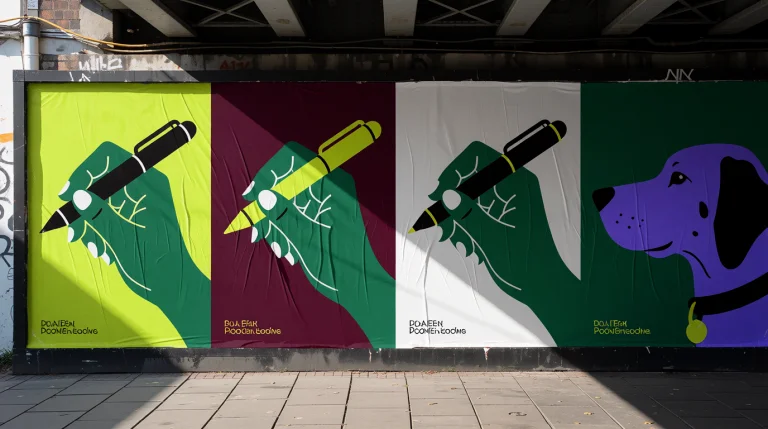 Four Vertical Posters Line A Concrete Wall Beneath An Urban...