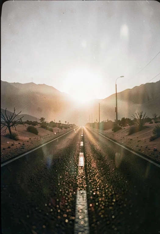 A Desert Road Running Straight Into A Sunset, Misty Light, 3...