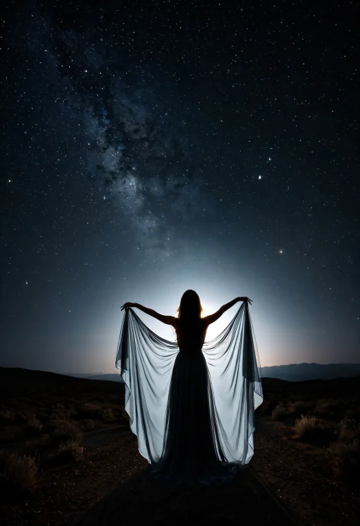 The Image Captures A Serene Night Scene Featuring A Woman St...