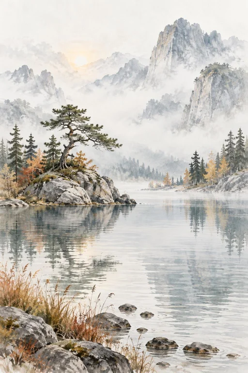 Delicate Painterly Watercolor Landscape Of A Quiet Mountain...