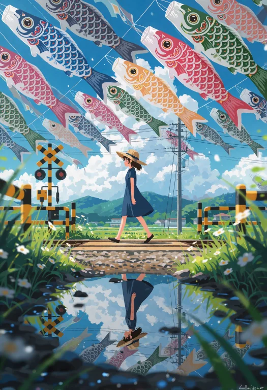 A Girl In A Blue Dress And Straw Hat Walks Over A Rural Rail...