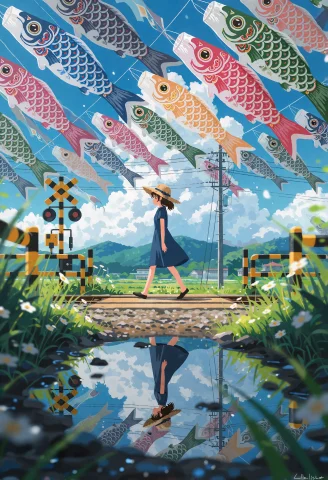 A Girl In A Blue Dress And Straw Hat Walks Over A Rural Rail... — Stable Diffusion AI Prompt: A girl in a blue dress and straw hat walks over a rural railroad crossing beneat...