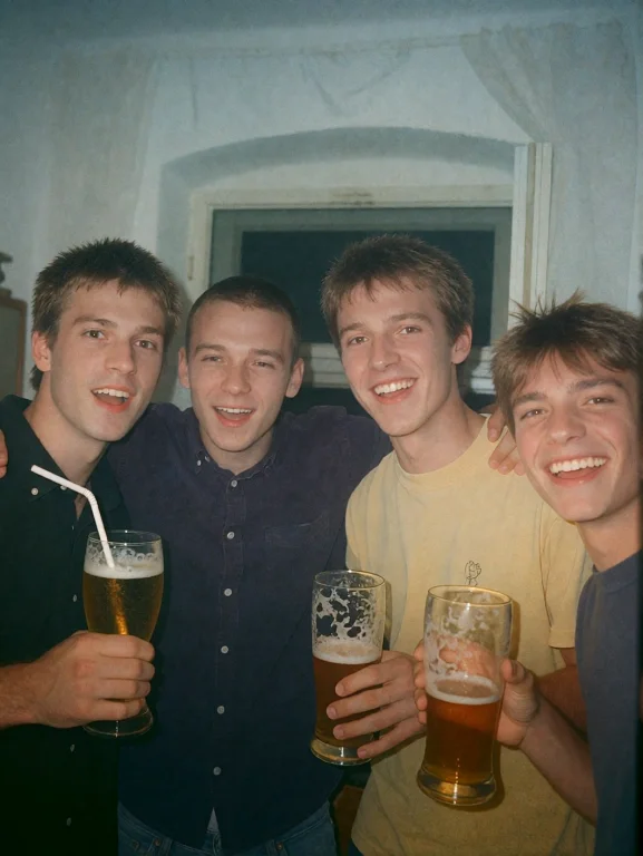 Shot On Nokia With 2000s Aestetics. Four Young Men Standing...