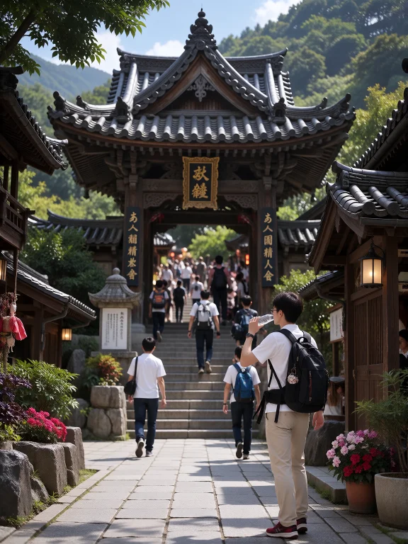 山寺。祇園精舍の鐘。ある一人の旅行者が水を飲む。