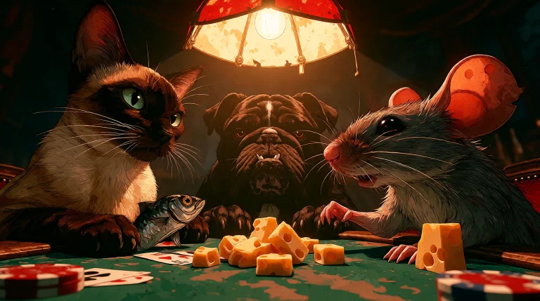 No Humans, A Grey Mouse, A Black Bulldog Dog And A Siam Cat...