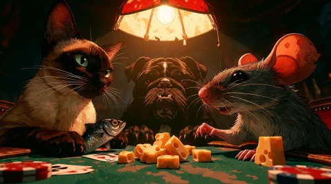 No Humans, A Grey Mouse, A Black Bulldog Dog And A Siam Cat... — Stable Diffusion AI Prompt: no humans, a grey mouse, a black bulldog dog and a siam cat playing poker at a p...