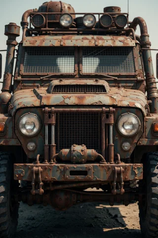 Sentence 1 A Heavily Armored Off-road Vehicle Stands Front-f... — Stable Diffusion AI Prompt: Sentence 1: A heavily armored off-road vehicle stands front-facing, its chassis...