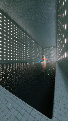 Ultra-wide Eye-level View Inside A Colossal Indoor Pool Cham... — Stable Diffusion AI Prompt: Ultra-wide eye-level view inside a colossal indoor pool chamber stretching an en...