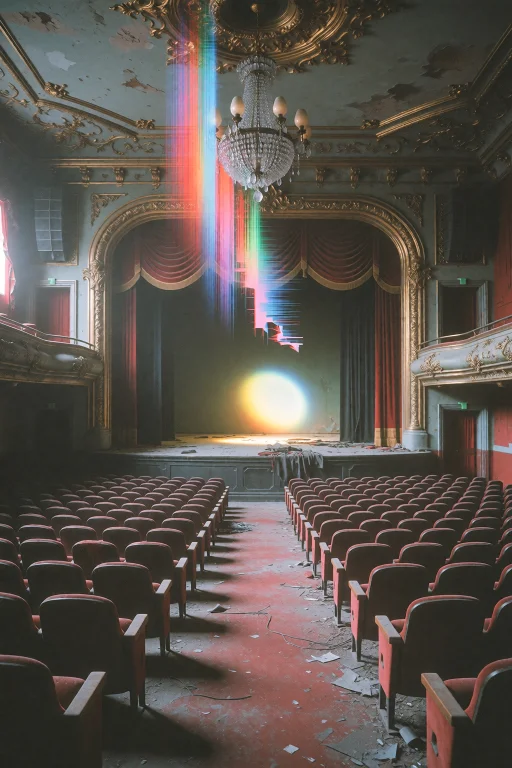 An Abandoned Vintage Theater, Its Velvet Seats Covered In Du...