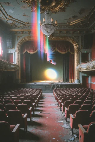 An Abandoned Vintage Theater, Its Velvet Seats Covered In Du... — Stable Diffusion AI Prompt: An abandoned vintage theater, its velvet seats covered in dust, the stage lit by...