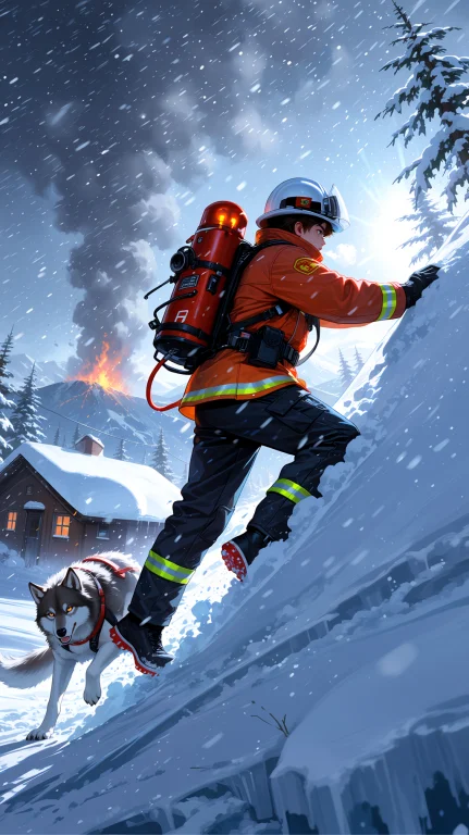 Dynamic Low-angle Shot Of A Rugged Male Firefighter In Heavy...