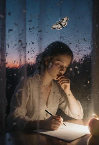 The Tiny Night Moth Flutters, Beating Its Wings Against The... — FLUX AI Prompt: The tiny night moth flutters, beating its wings against the distorted-translucen...
