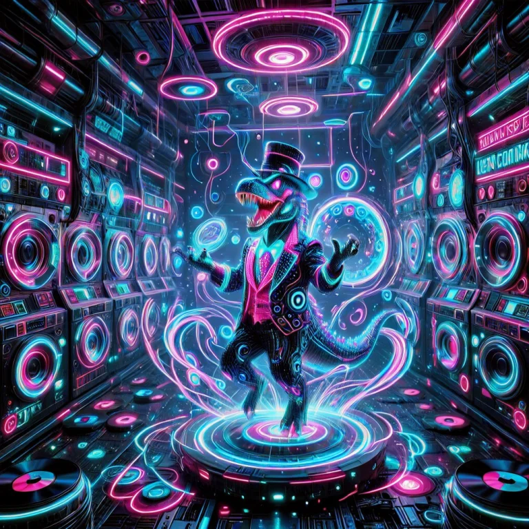 An Anthropomorphic T-rex Wearing A Glowing Neon Tuxedo And A...