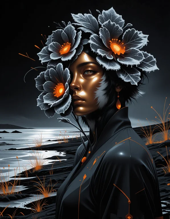A Frost-covered Flower With Charcoal Petals And A Glowing Bu...