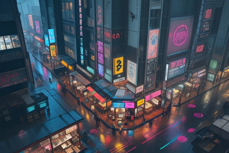 A Cyberpunk Market Wired With Holographic Signs, Acrylic Pai...