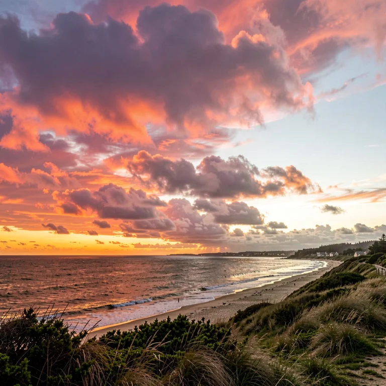 A Sunet Along A Coast Line With Beautiful Colors In The Clou...