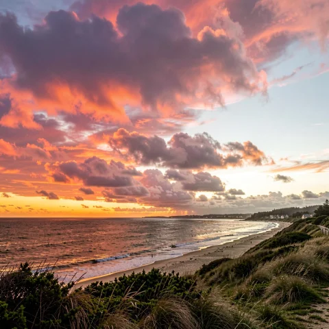 A Sunet Along A Coast Line With Beautiful Colors In The Clou... — FLUX AI Prompt: A sunet along a coast line with beautiful colors in the clouds. The clouds are g...