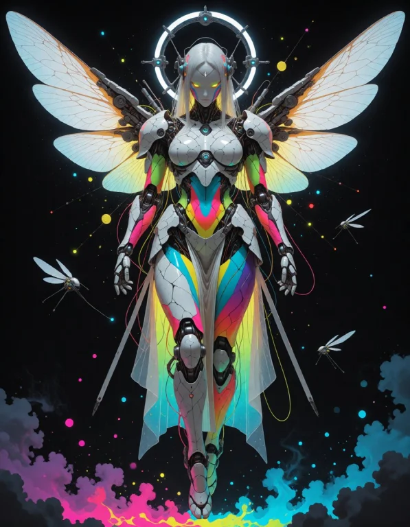 A Hovering Biomechanical Seraph With Cracked White Shell Arm...
