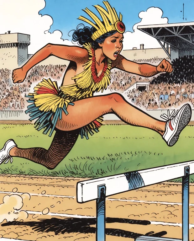 Comic Style, A Woman In A Yap Day Costume Running On A Track...