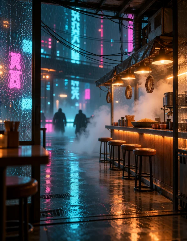 Cyb3r Qu4rt13r, Tiny Noodle Bar Seen From The Rainy Street T...