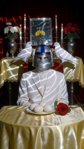 Dclumnefct. Medium Photograph Of A Masked Man Seated Alone B... — Stable Diffusion AI Prompt: dclumnefct. Medium photograph of a masked man seated alone behind a small dining...