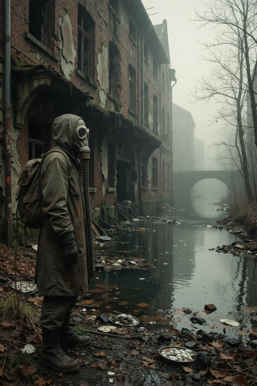 A Person In A Gas Mask Stands Beside A Polluted Waterway Whe...