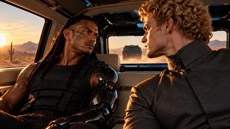 Rotate The Blond Man Torso Toward The Man In The Backgorund,...